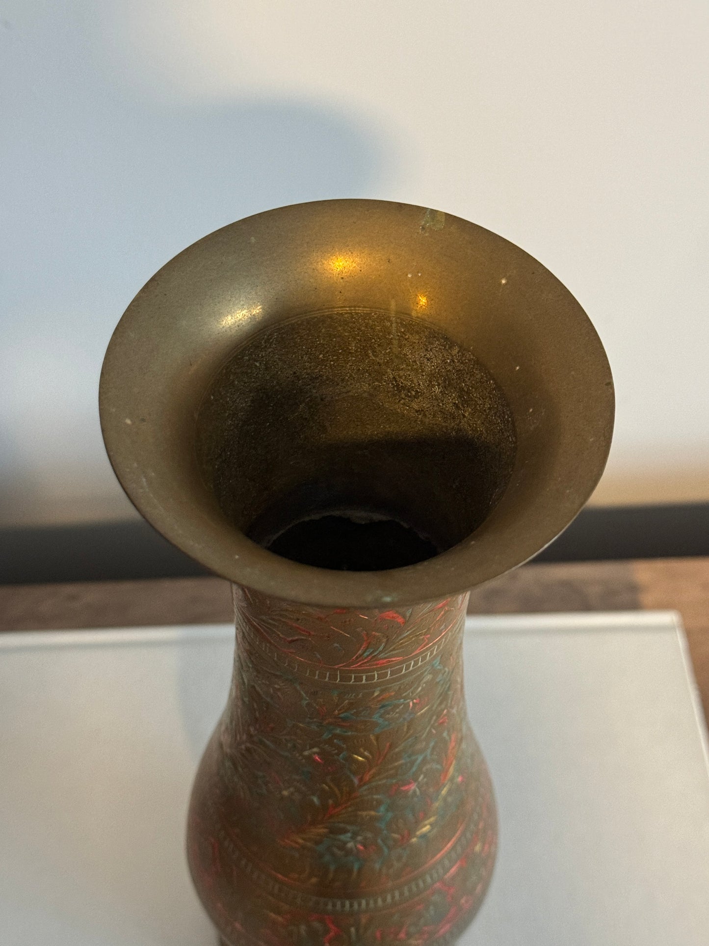 Vintage brass footed vase with etched floral design 12"