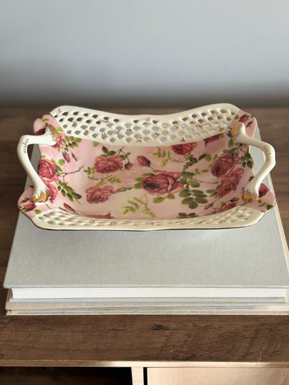 Vintage rose tray with basket edging and gold trim