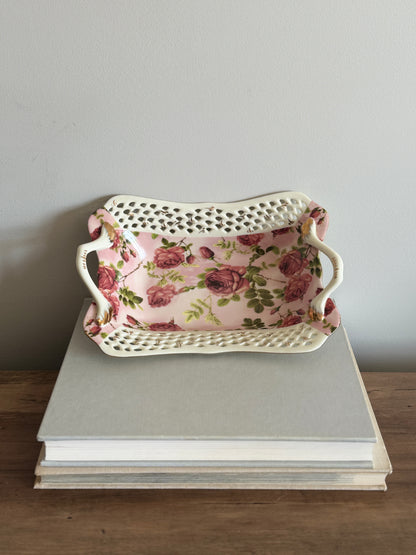 Vintage rose tray with basket edging and gold trim