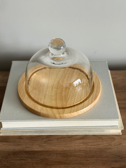 Glass cloche with wood base
