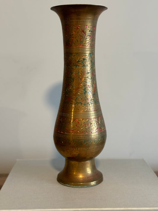 Vintage brass footed vase with etched floral design 12"