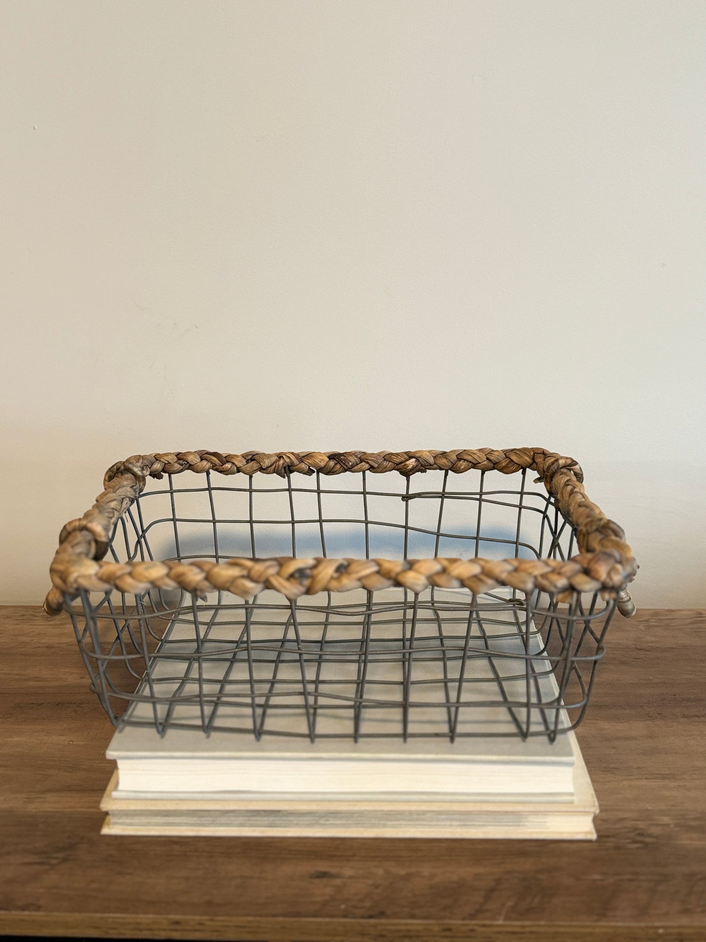 Farmhouse wire basket with wicker edge