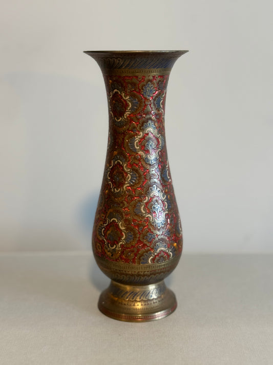 Vintage brass footed vase with etched floral design 7.5"